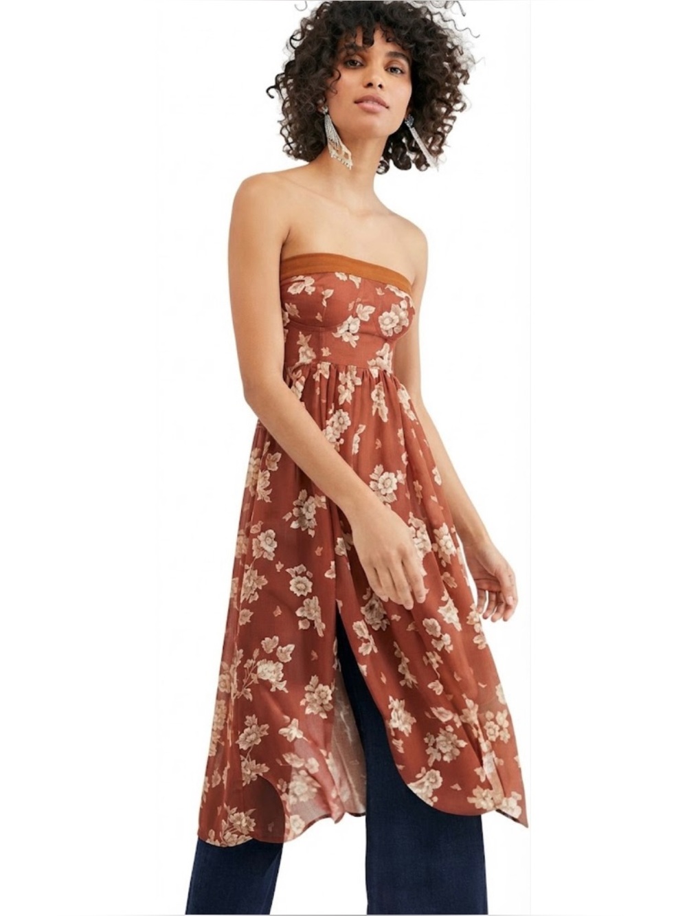 Free People Kitty Strapless Floral Maxi Top/Midi Dress Semi-Sheer
